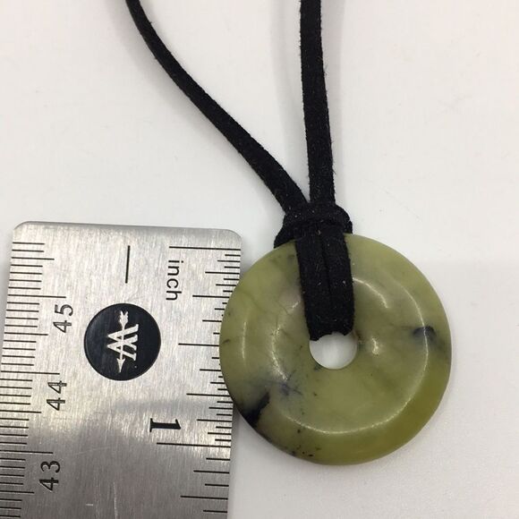 Olive Jade Disc Necklace on Black Suede Cord with silver tone hardware - Picture 12 of 16